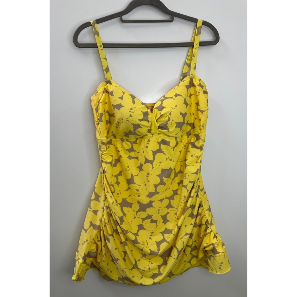 Shore Shapes Swimwear Yellow Floral Ruched Swim Dress Womens Size 14 Resort Vaca - Picture 2 of 16